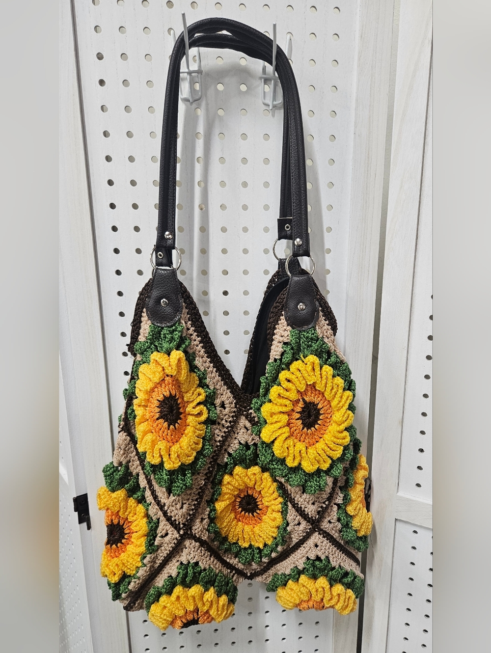 Crochet Sunflower 3D Shoulder Bag - Yellow, Green, Brown Boho